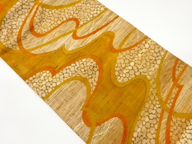 手織り紬曲線に抽象模様織出し名古屋帯